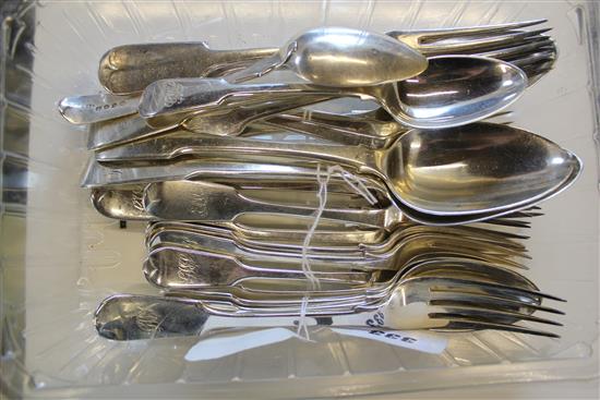 Matched part service of Georgian & later fiddle pattern silver flatware, variously crested & initialled